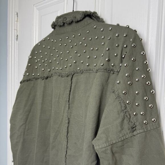 Olive Green Jacket Womens Large Silver Studded Bling Cotton Coat - Picture 6 of 8